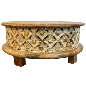 17" Round Solid Wood Latttice Carved Riser / Table