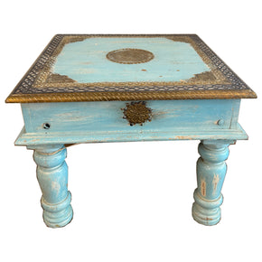 Unique 24" Sqaure Solid Wood Distressed Blue End Table With Brass Accents