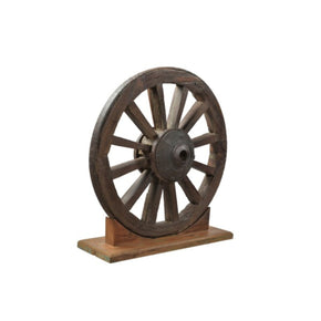 Antique Rustic 32 in. Wide Wagon Wheel On Display Stand